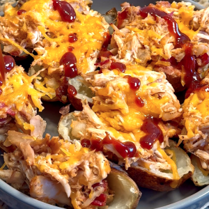 Chicken bacon ranch BBQ stuffed potatoes with shredded chicken, cheese, and crispy bacon