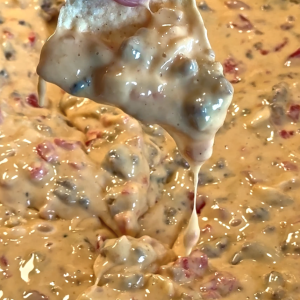 Quick Velveeta sausage queso with Rotel, onions, and melted cheese